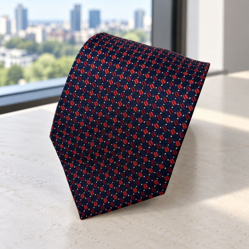 Nautica 100% Silk Tie Navy Red Geometric Wide 4” Men’s Necktie 57”